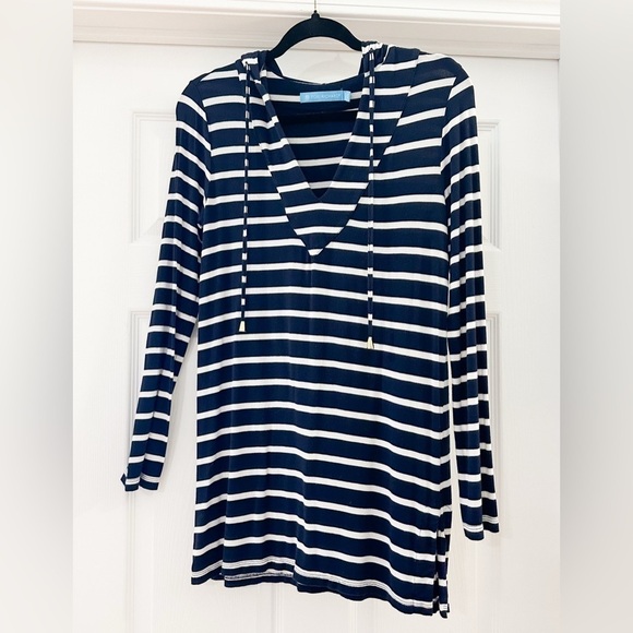 Tory Richard Tops - Tory Richard Nautical Coastal Striped Hooded Tunic Top Blue White sz XS